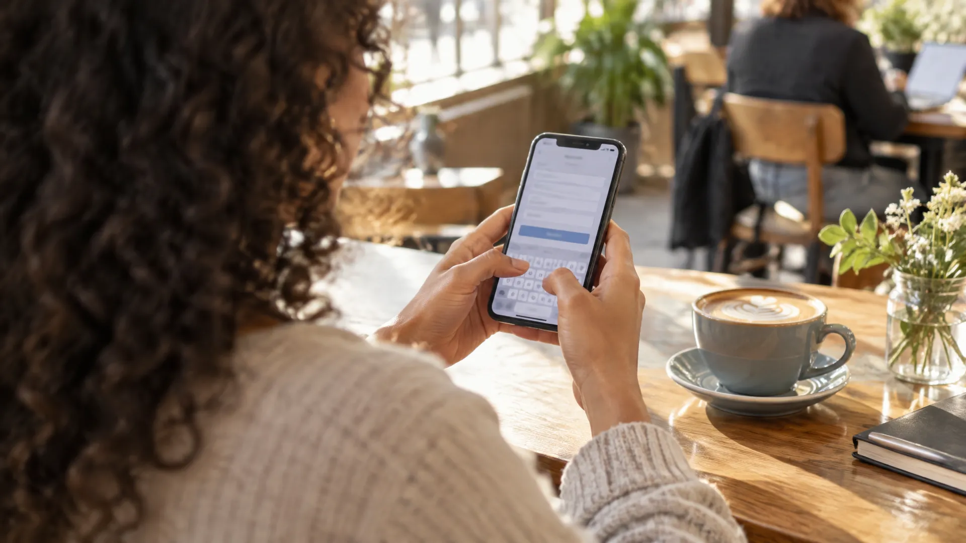Woman in a coffee shop entering her email on a mobile capture page after clicking a social media post, turning social media reach into a lead