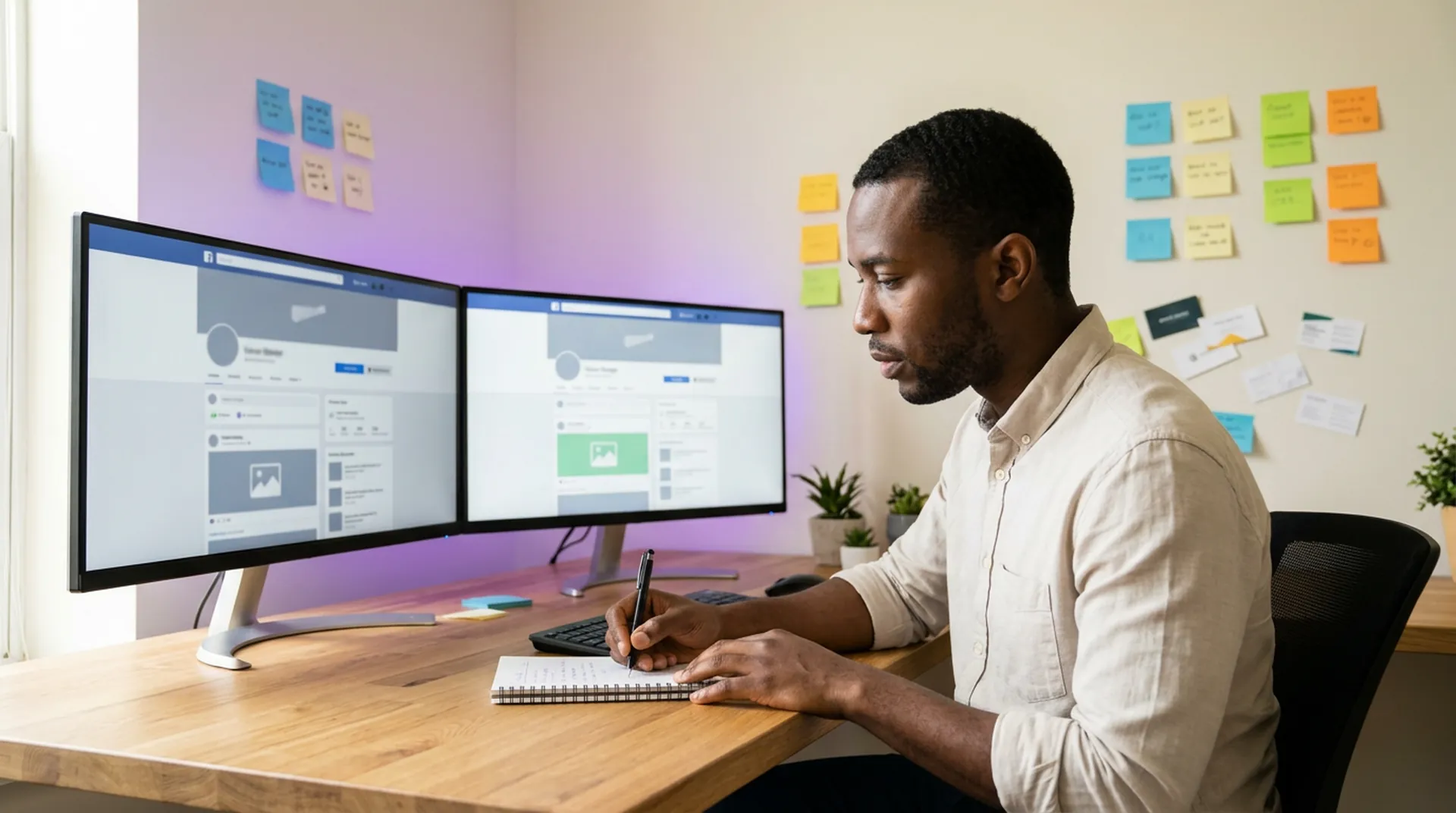 Marketer comparing competitor social media profiles on two monitors and noting content gaps, the blind spots that become a growth opportunity