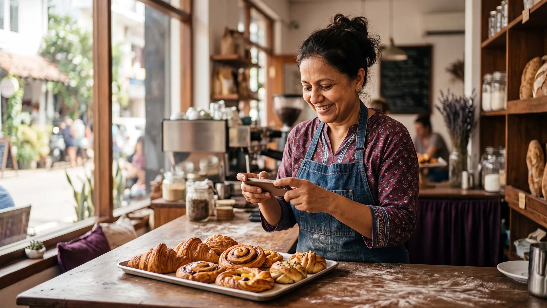 Small business owner photographing fresh pastries with her smartphone to create trending social media content for her bakery